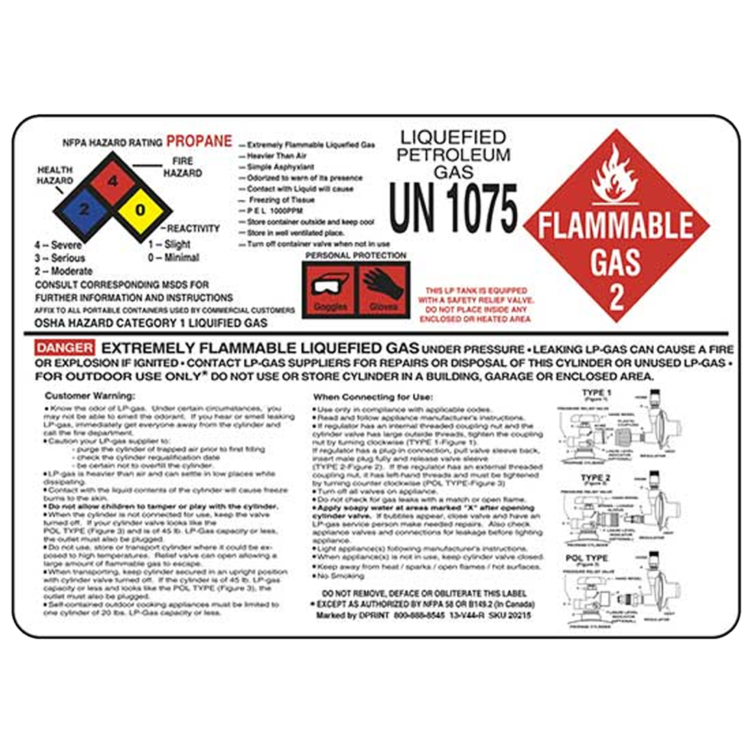 V44-R (Douglass) Decal-Vinyl 3 In 1 Propane Haz 4 Colors