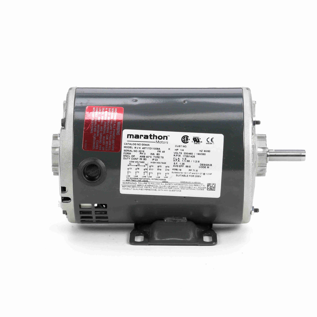 MG044A (Marathon) | General Purpose Motor | 0.25 HP | 3 Phase | ODP | 1725 RPM | 230/460 Volts