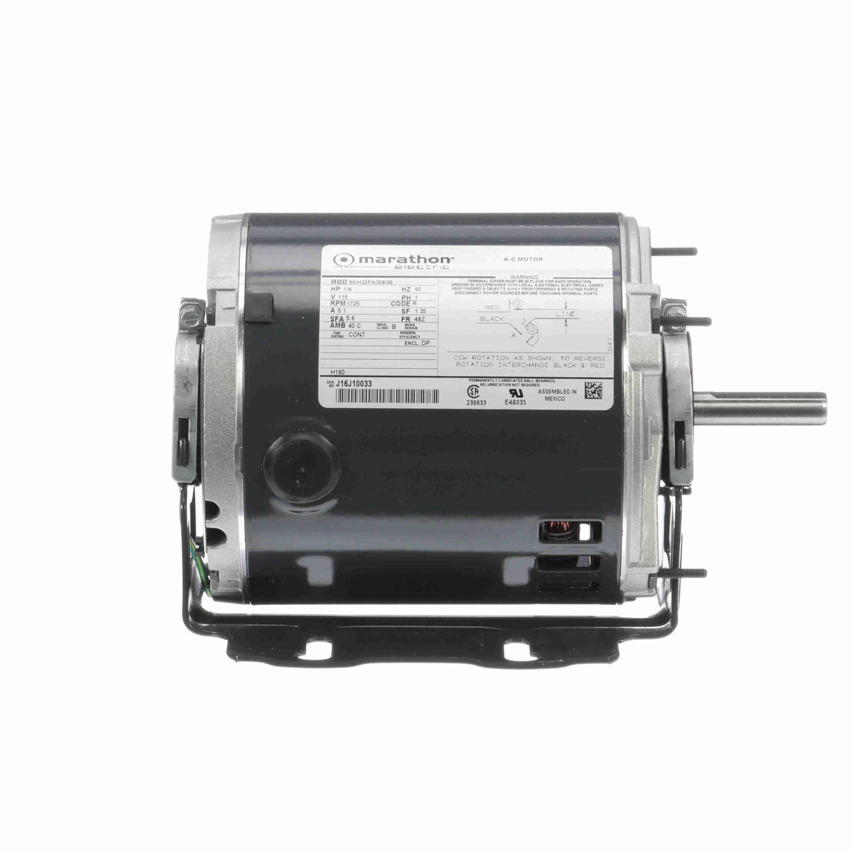 MH160 (Marathon) | Fan and Blower Motor | 0.25 HP | 1 Phase | ODP | 1725 RPM | 115 Volts