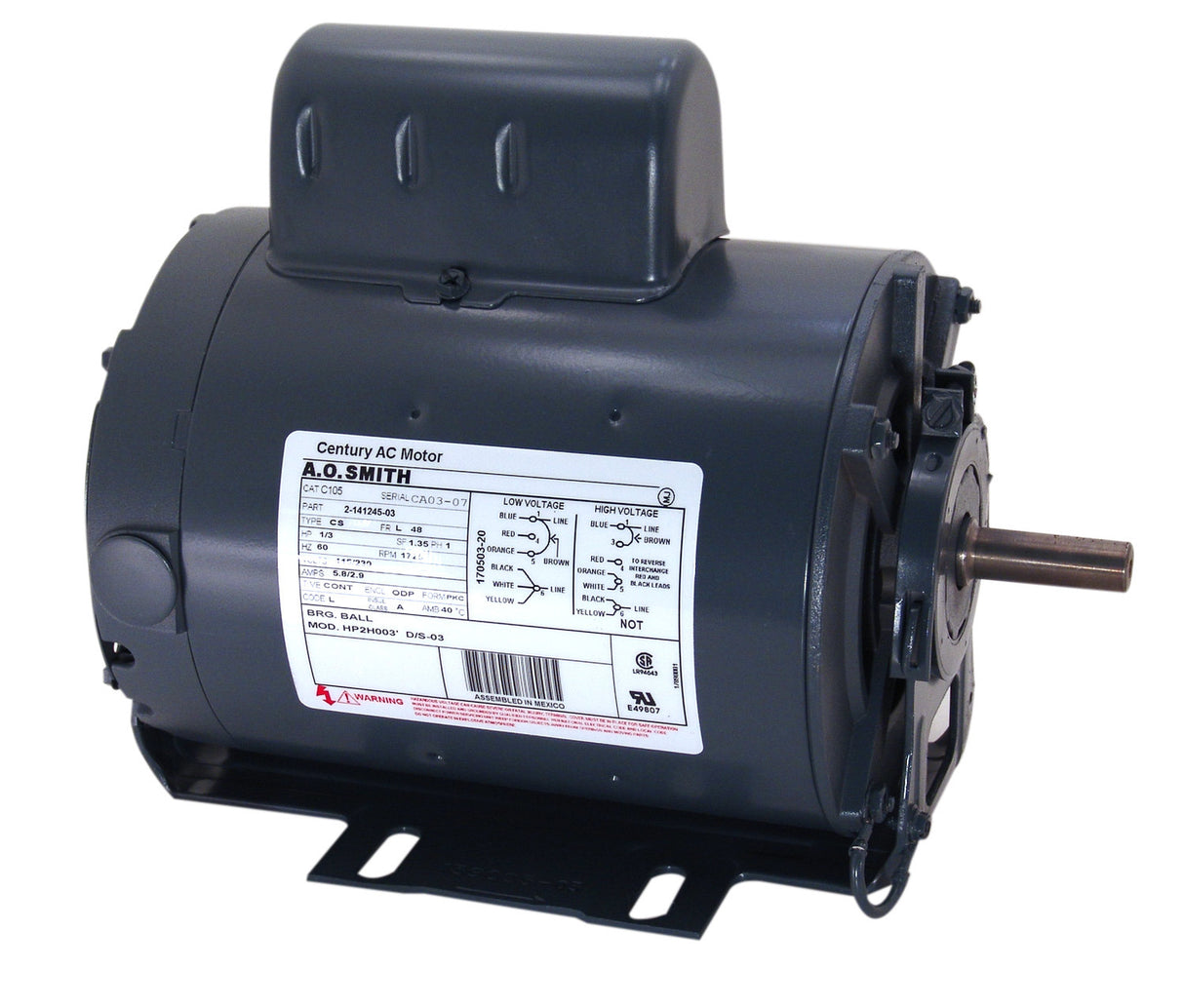 UC196 (Century) | Fan And Blower Motor | 0.25 HP | 1 Phase | ODP | 1725 RPM | 115/230 Volts