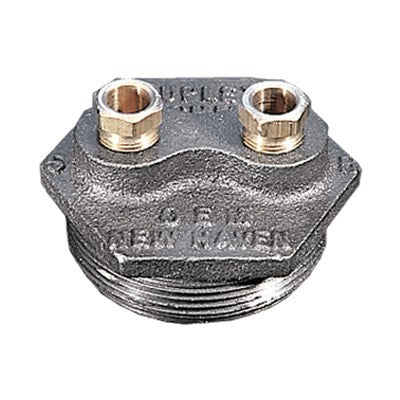 14448 (R.W. Beckett Corp) | Raised Dplx 2X 1/2 X 1/2 (Zinc Pl) | Duplex Tank Bushings | 3-Way Tap With Compression Union | MPT