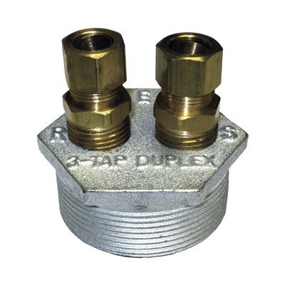 14468 (R.W. Beckett Corp) | Dplx Bushing 2X 3/8X3/8 (Zinc Pl) | Duplex Tank Bushings | 3-Way Tap With Compression Fittings | MPT
