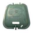A heavy-duty cast iron gas tank lid with a textured greenish-bronze patina, featuring a central handle cutout and embossed safety and manufacturer text, shown against a plain white background.